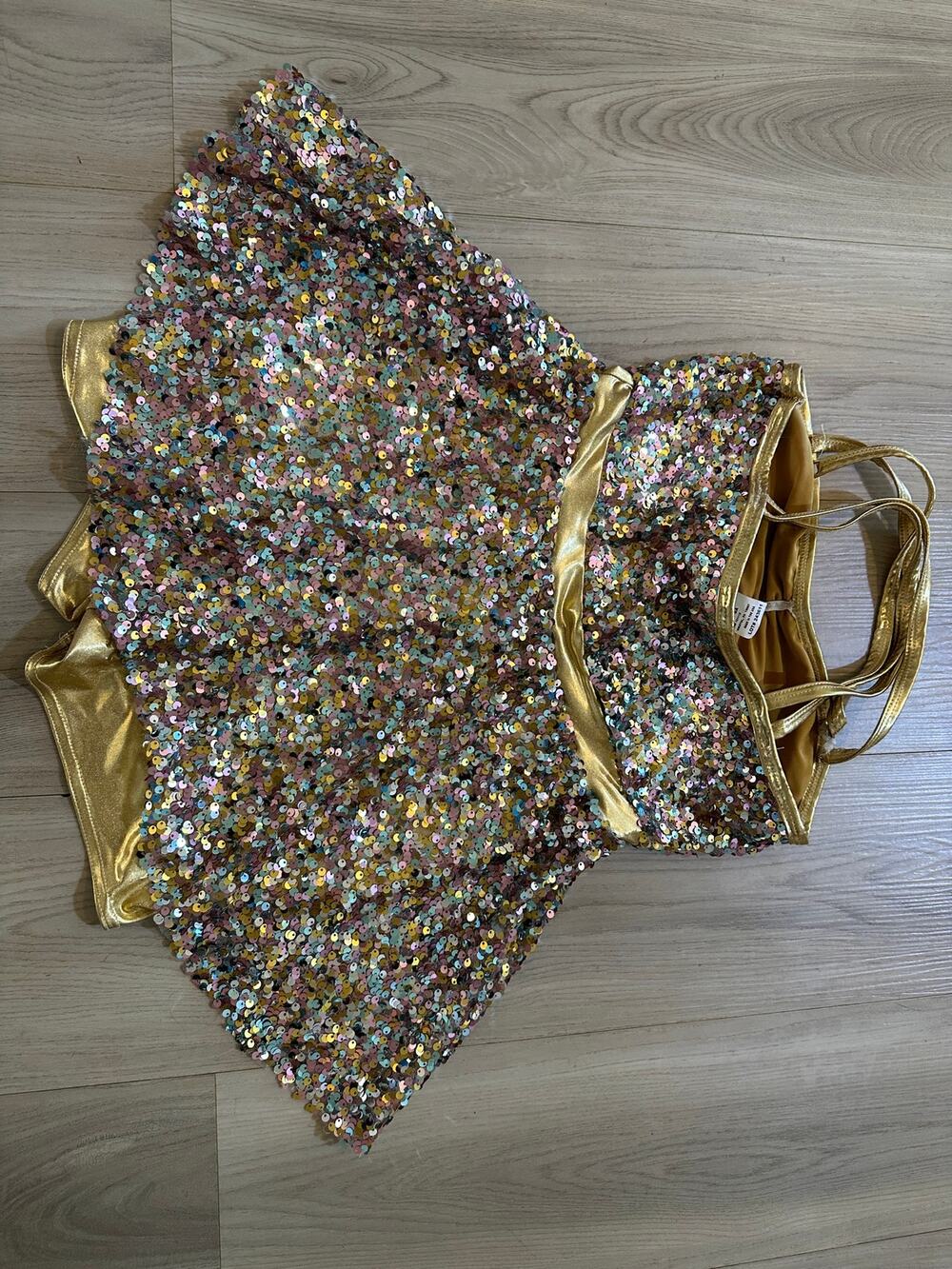 A Wish Come True Let Them Know Sequin Dance Costume Gold Shortall Dress Adult SA